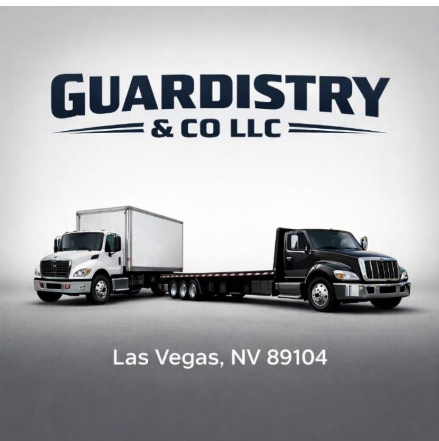 GUARDISTRY & CO. LLC branding graphic: the company wordmark above a white box truck and a black flatbed truck, captioned Las Vegas, NV 89104.
