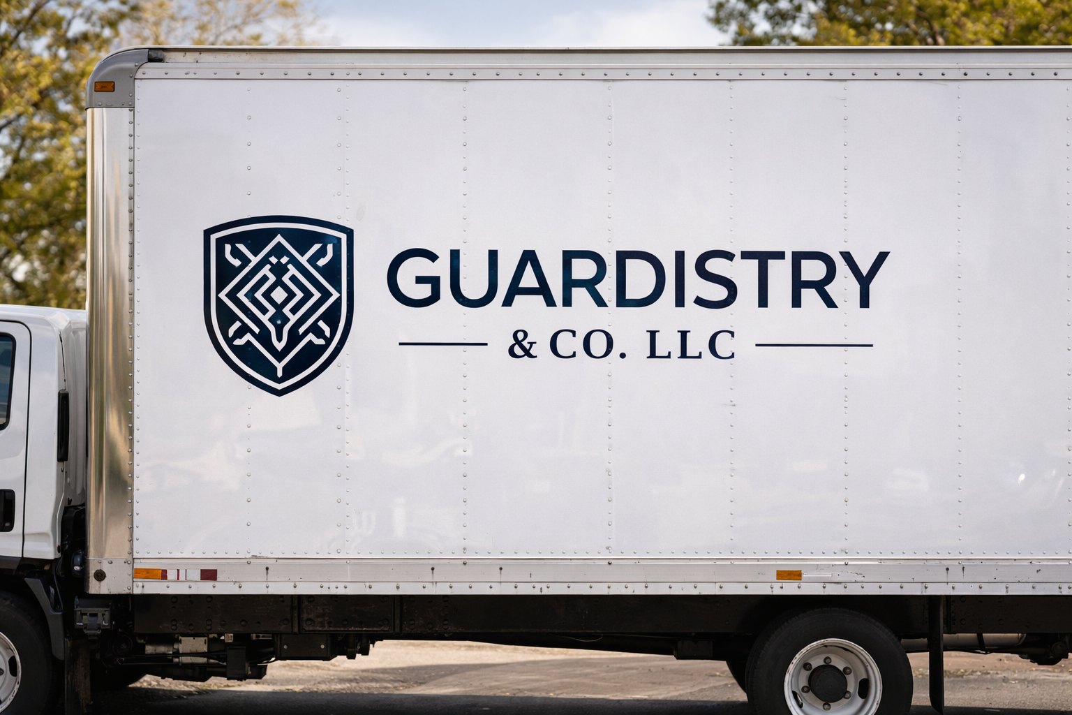 A GUARDISTRY & CO. LLC box truck photographed side-on, the company shield and wordmark on the white cargo body.
