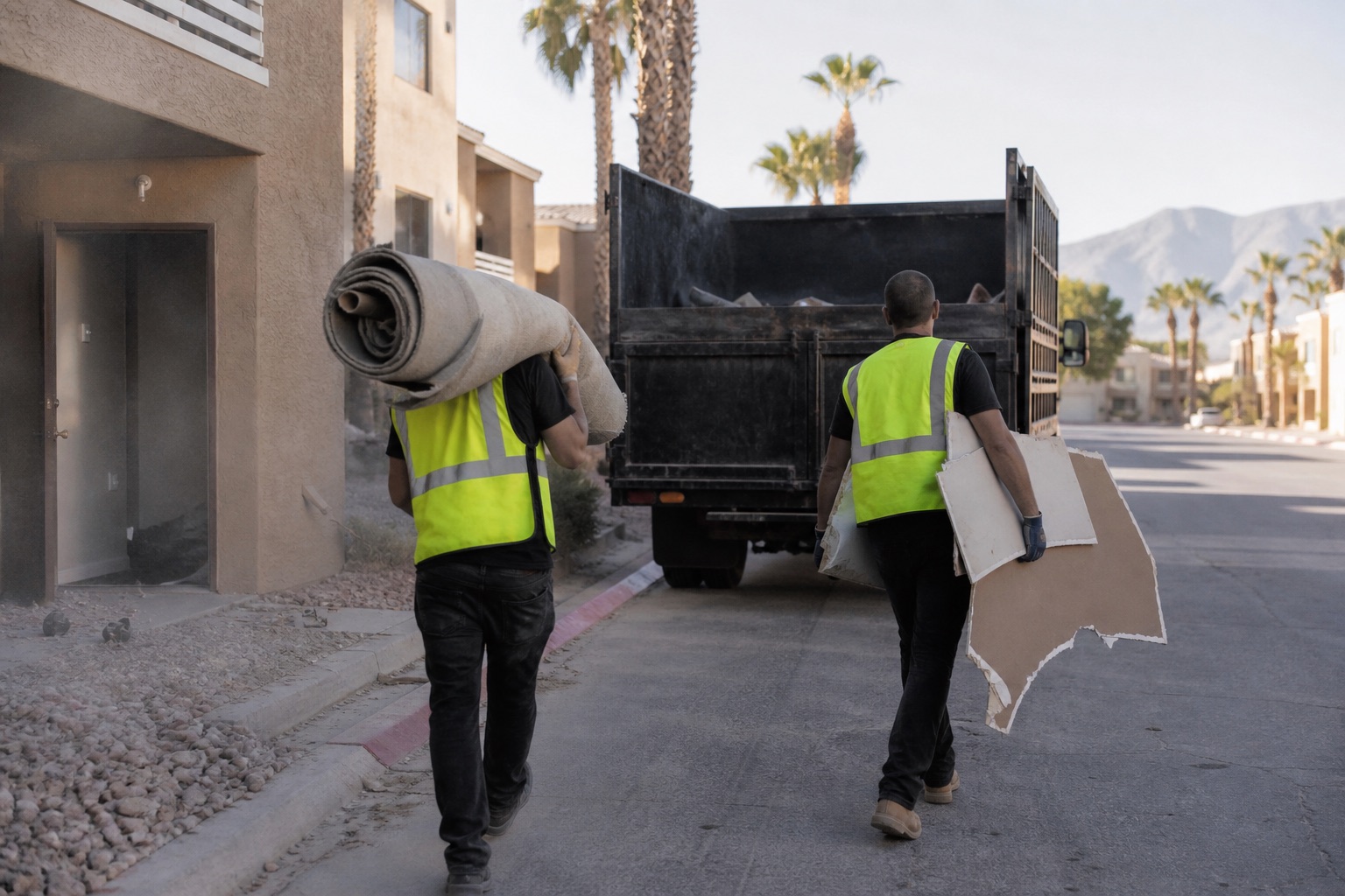 Two workers in high-visibility vests carry rolled carpet and drywall from an apartment doorway toward an unmarked dump truck on a Las Vegas residential street. Faces are not shown.