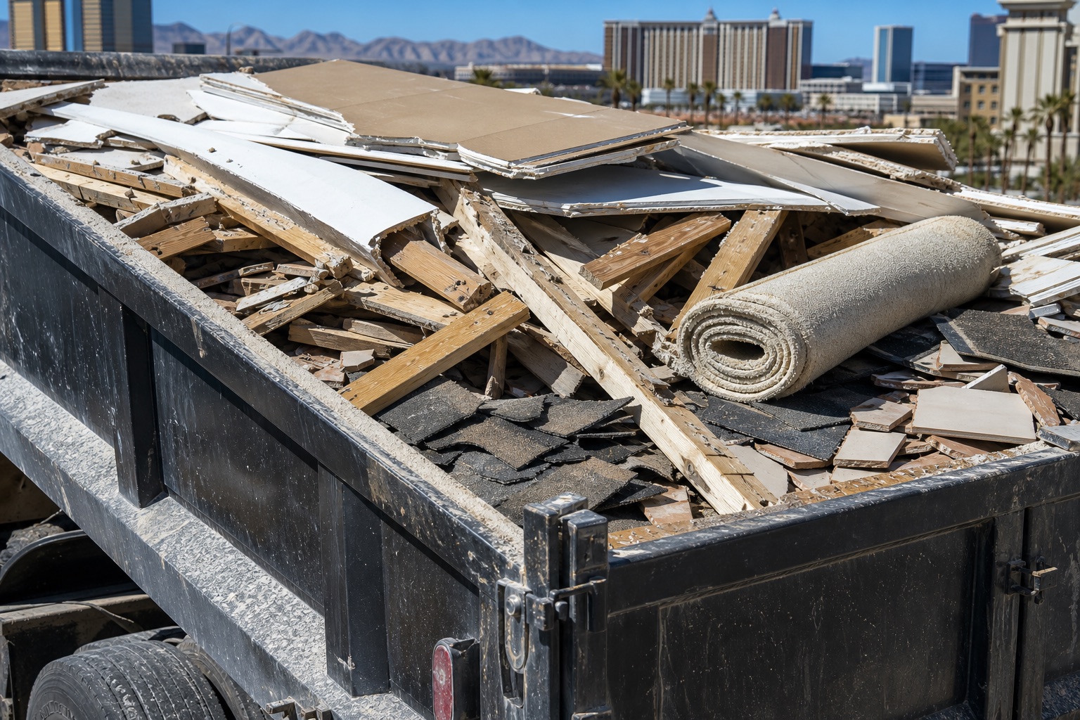 Unmarked dump-truck bed loaded with drywall, lumber, roofing shingles, tile, and a rolled carpet.