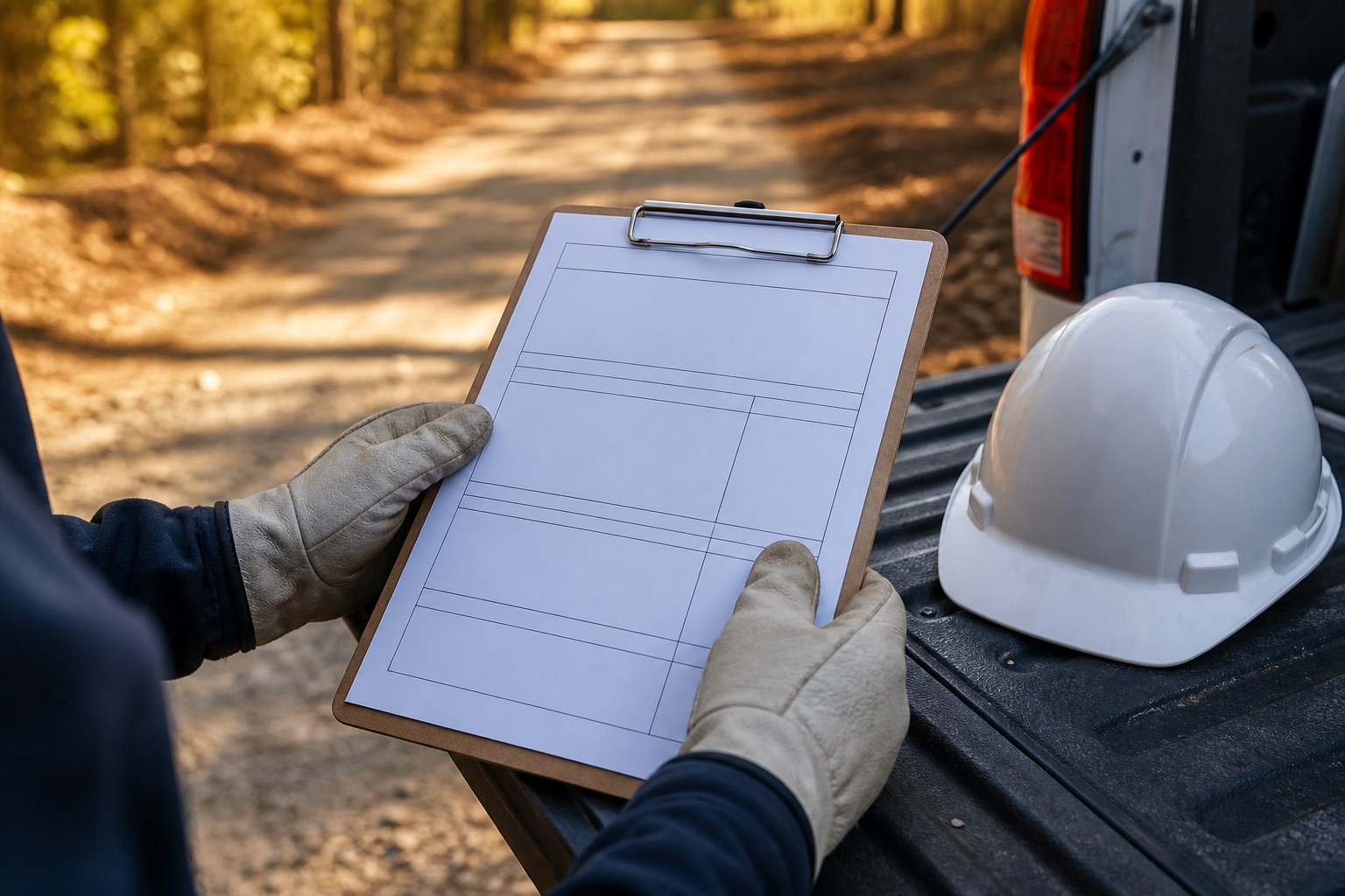 Gloved hands holding a blank clipboard on a truck tailgate beside a hard hat. The form has no numbers or prices.