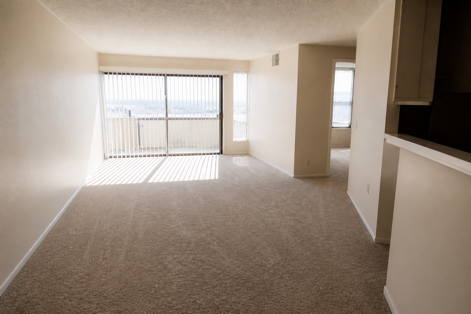 The same rental living room after a clear-out: empty, debris gone, blinds open to daylight.