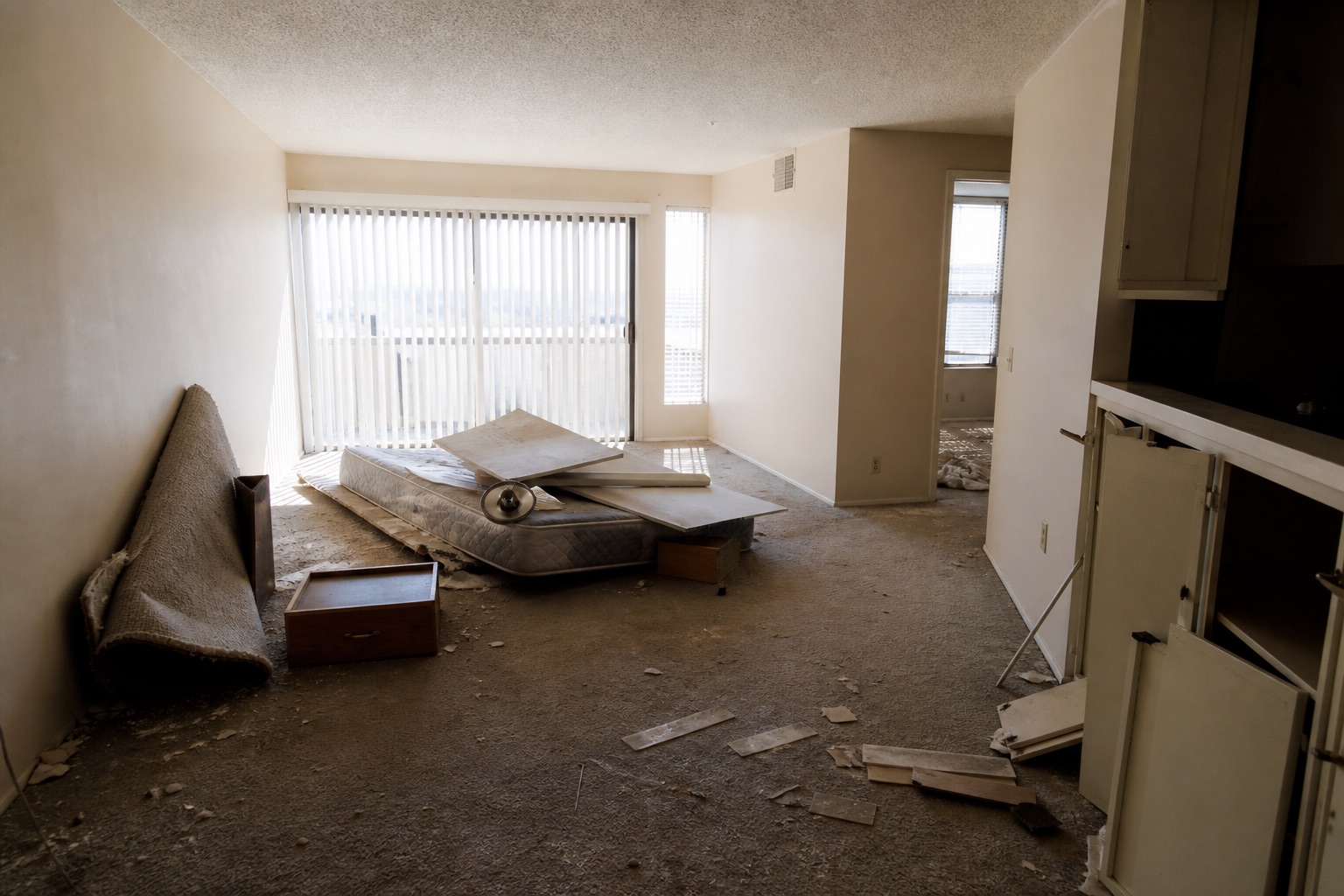 Vacated rental living room awaiting clear-out, with a mattress, rolled carpet, and debris on the floor.