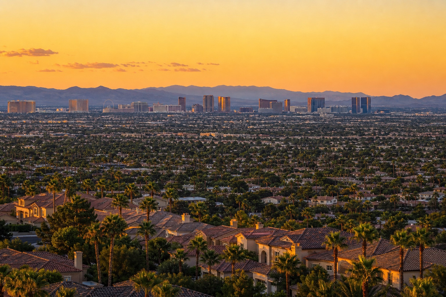 Elevated golden-hour view across Las Vegas Valley neighbourhoods toward the distant Strip and mountains.