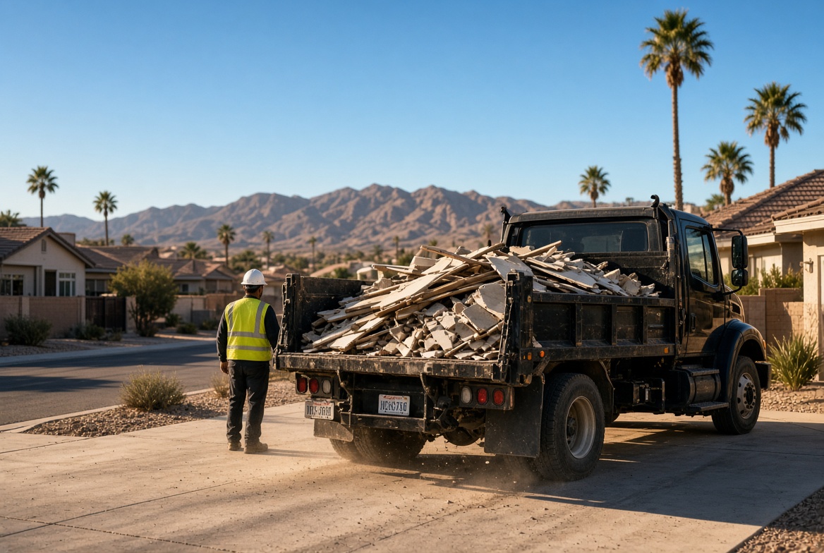 An unmarked flatbed dump truck loaded with mixed construction and demolition debris on a Las Vegas residential driveway, with a crew member in a high-visibility vest alongside.