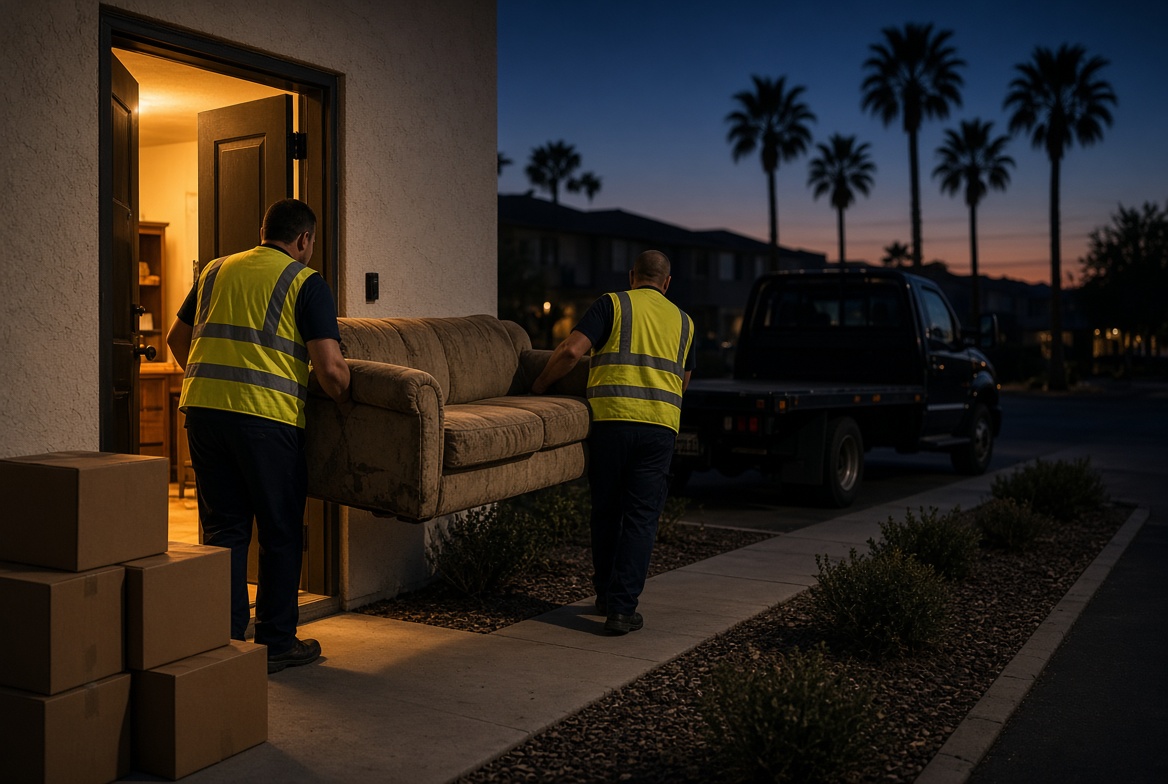 A two-person crew carrying a discarded sofa and boxes out of a Las Vegas apartment doorway at dusk, loading them onto a truck for disposal.